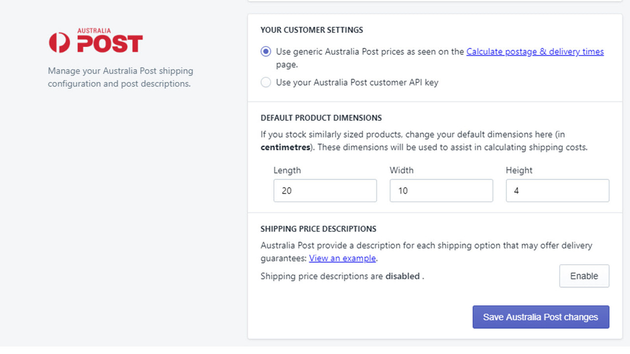 BOXY passo 3 - Configure o Australia Post