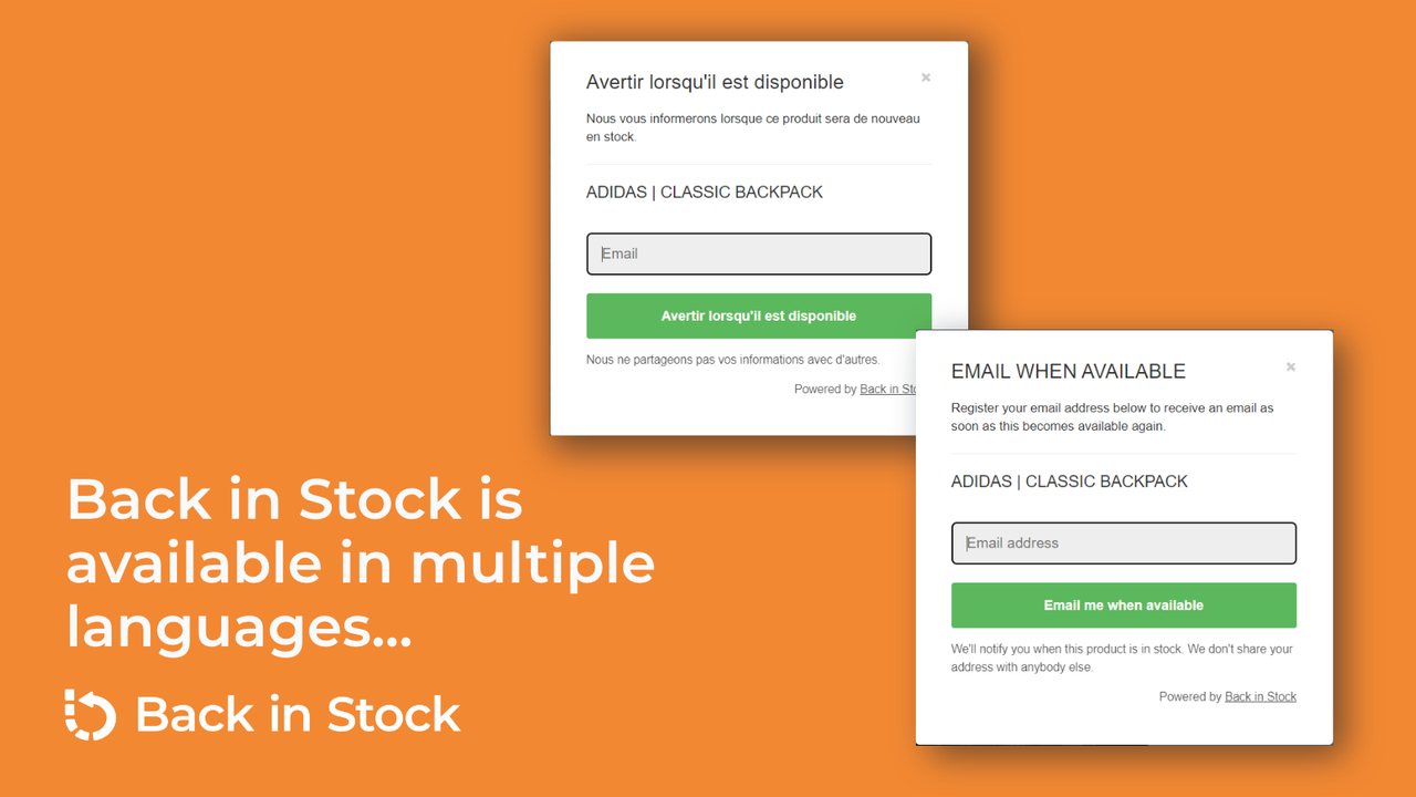 Crea notificaciones de reposición de stock en tu idioma local.