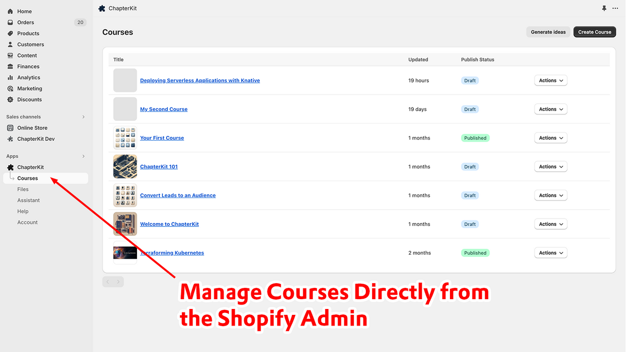 Gestiona cursos desde el administrador de Shopify