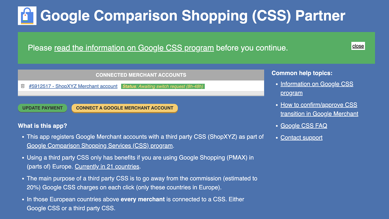 Register to the ShopXYZ CSS within 3 clicks