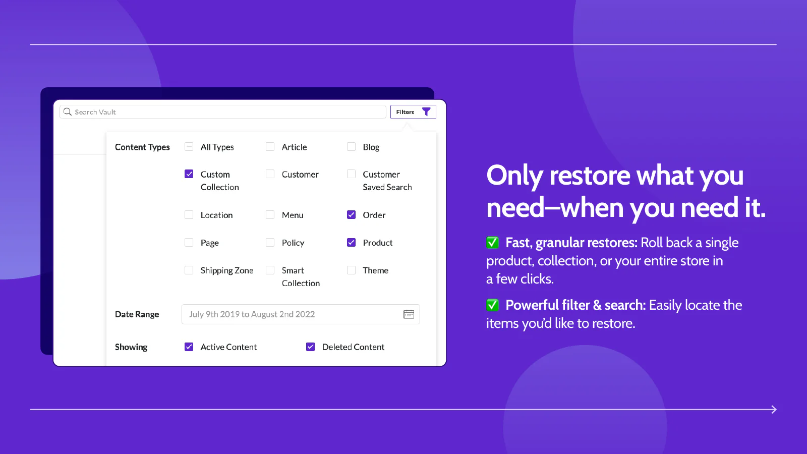 Backups do Shopify - Filtros de Pedidos de Produtos do Rewind Vault