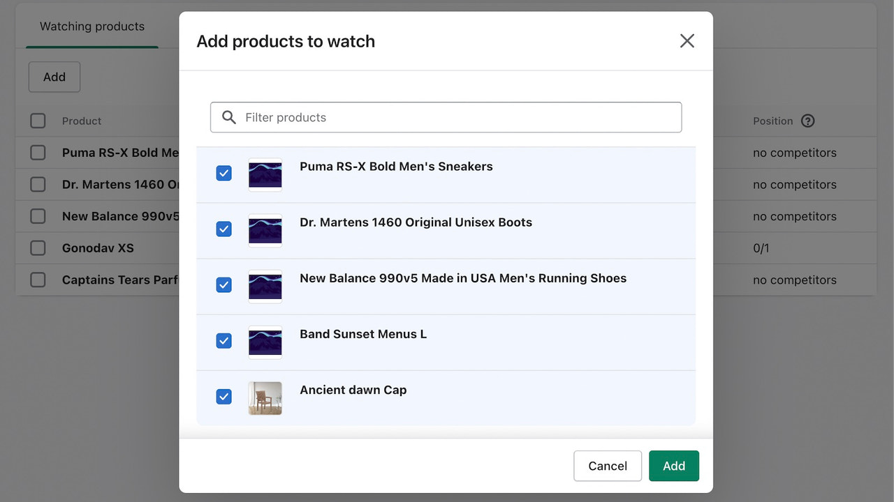 Select products to watch in a simple way with search