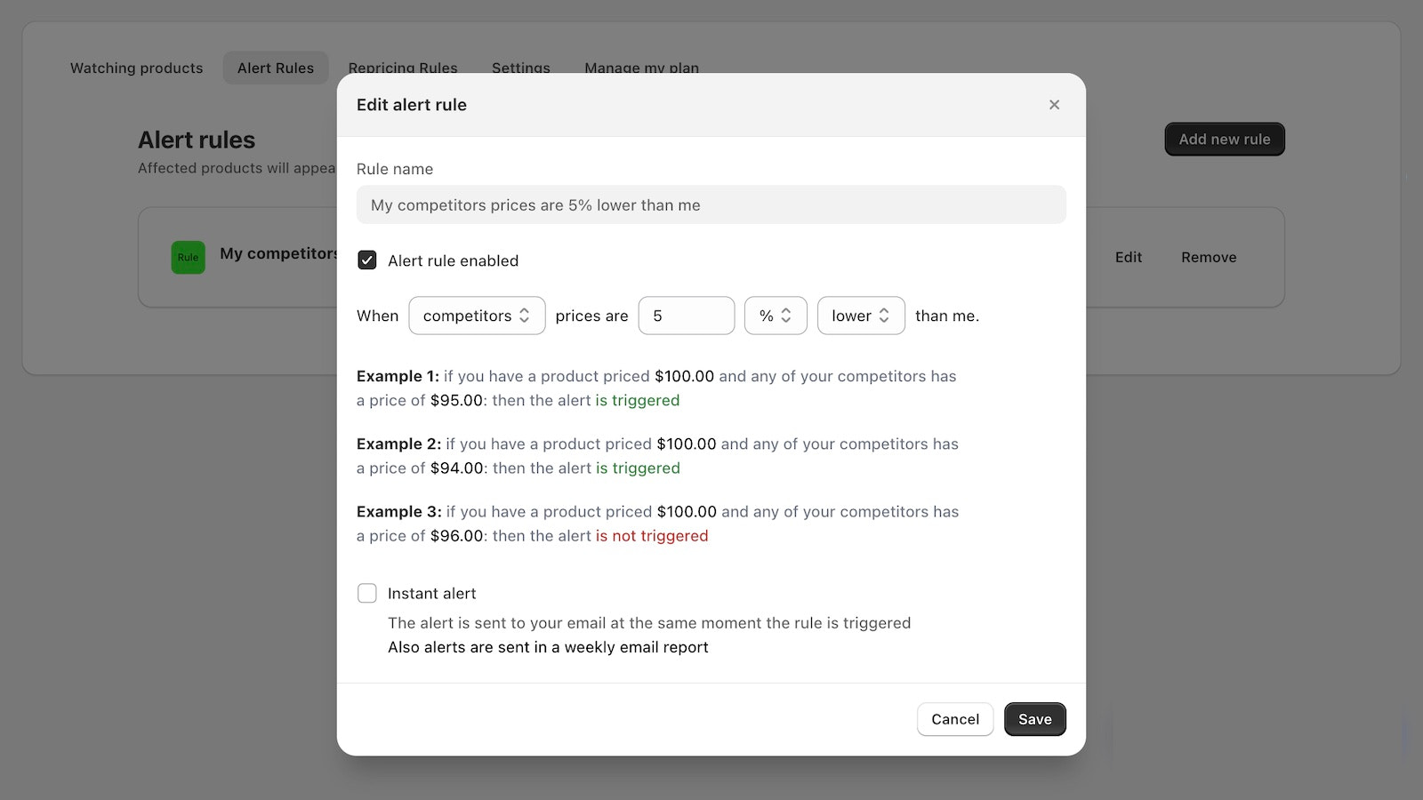 Configure sus alertas y véalas en el tablero y en su correo electrónico