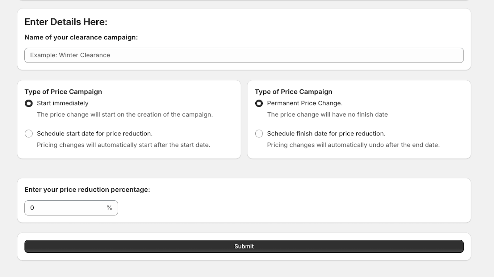 Formulaire pour créer une réduction de prix permanente ou temporaire.