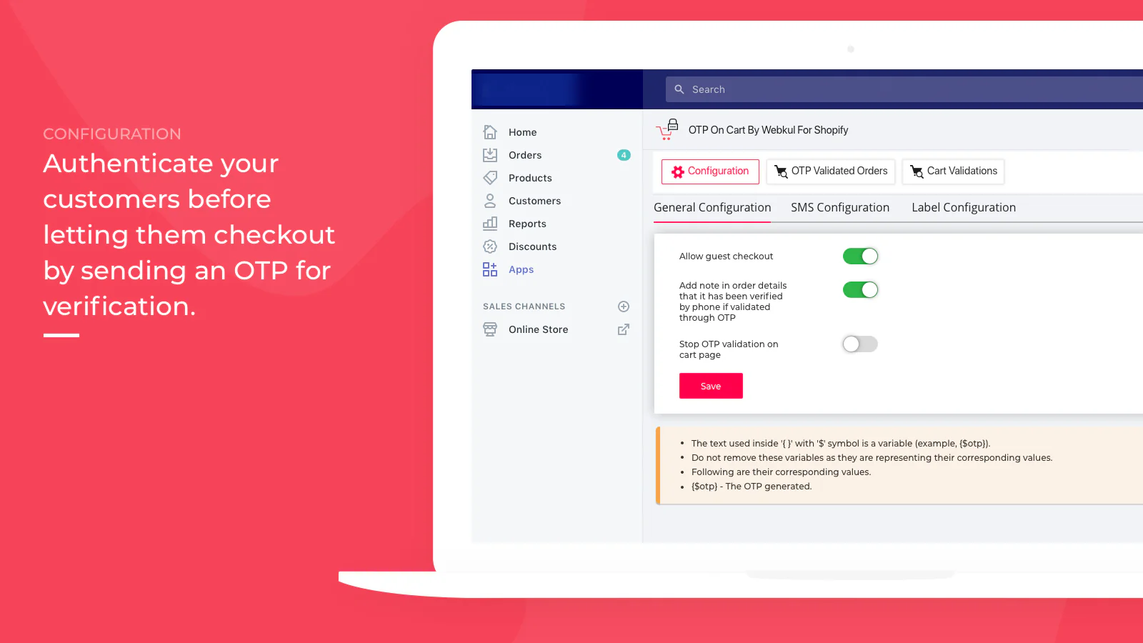 configuration de l'étiquette otp sur le panier