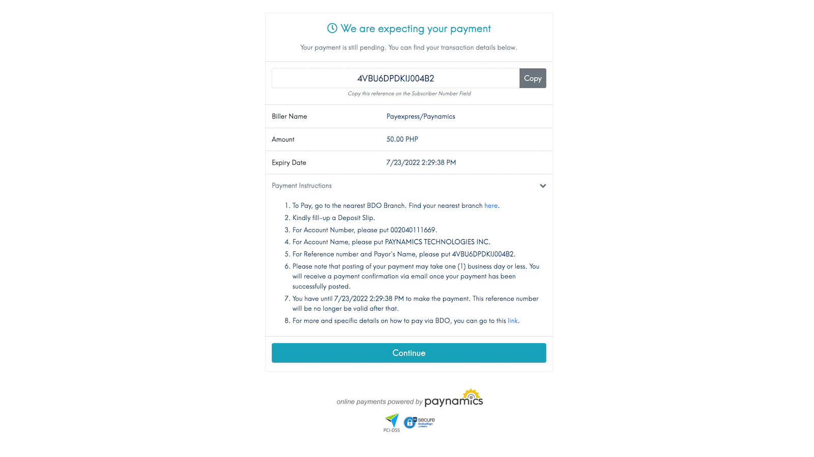 payment result page