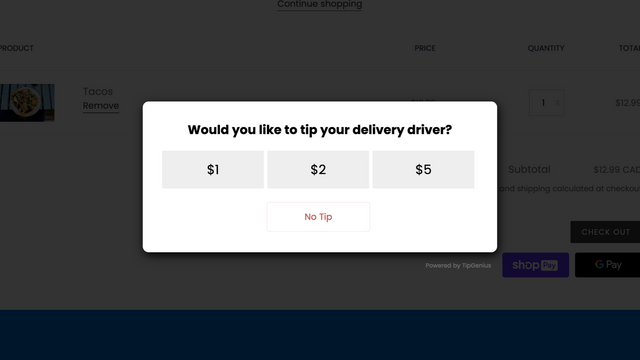 Shopify商店结账时的小费或捐款弹窗