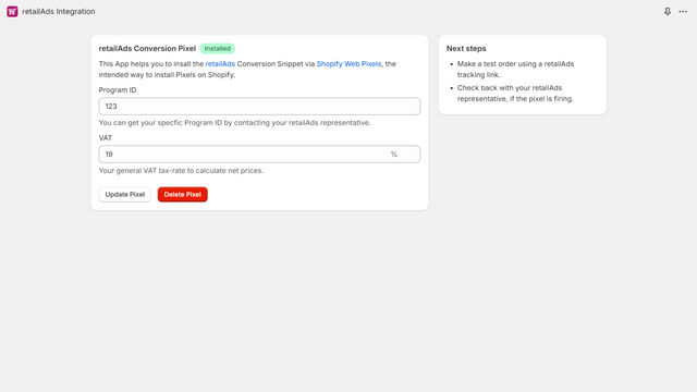 Installeret Tracking Pixel UI