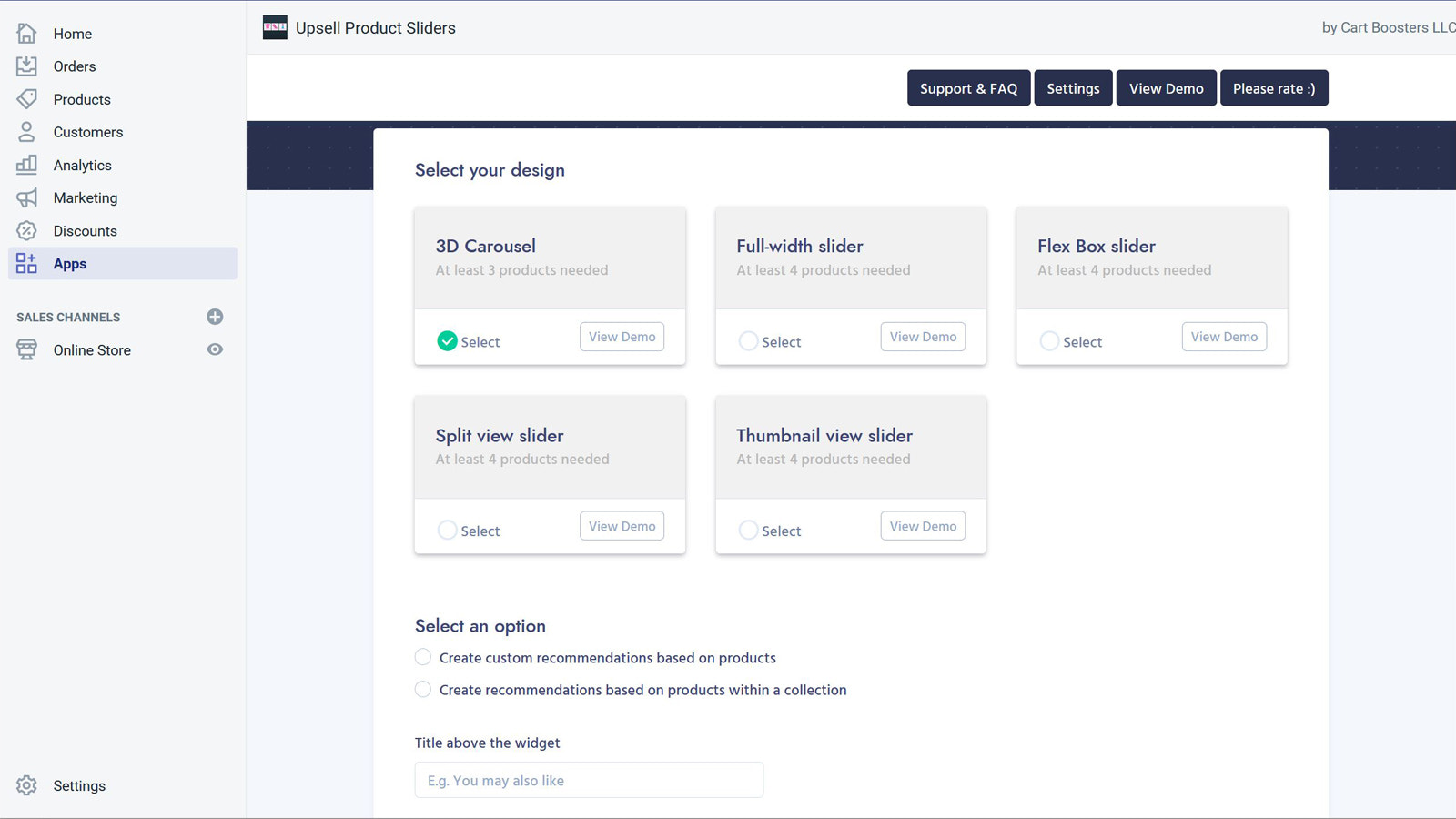 Upsell product sliders app's dashboard