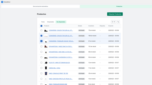 Pestaña para elegir qué productos etiquetar y ver historial