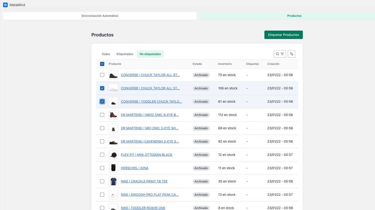 Pestaña para elegir qué productos etiquetar y ver historial