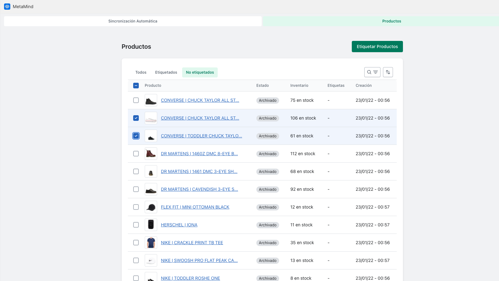 Pestaña para elegir qué productos etiquetar y ver historial