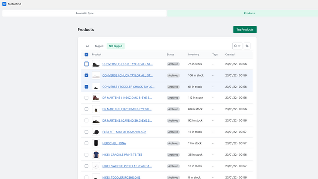 Escolhendo manualmente produtos para adicionar metafields