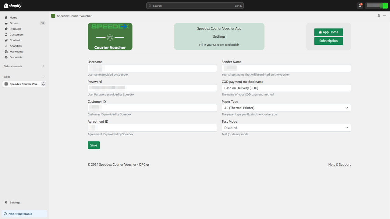 Configure suas credenciais da API Speedex