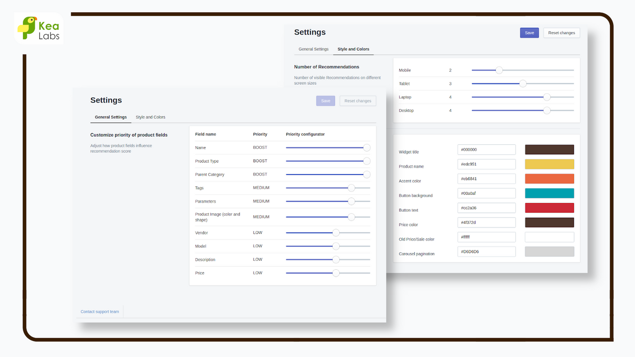 Configuraciones de recomendaciones