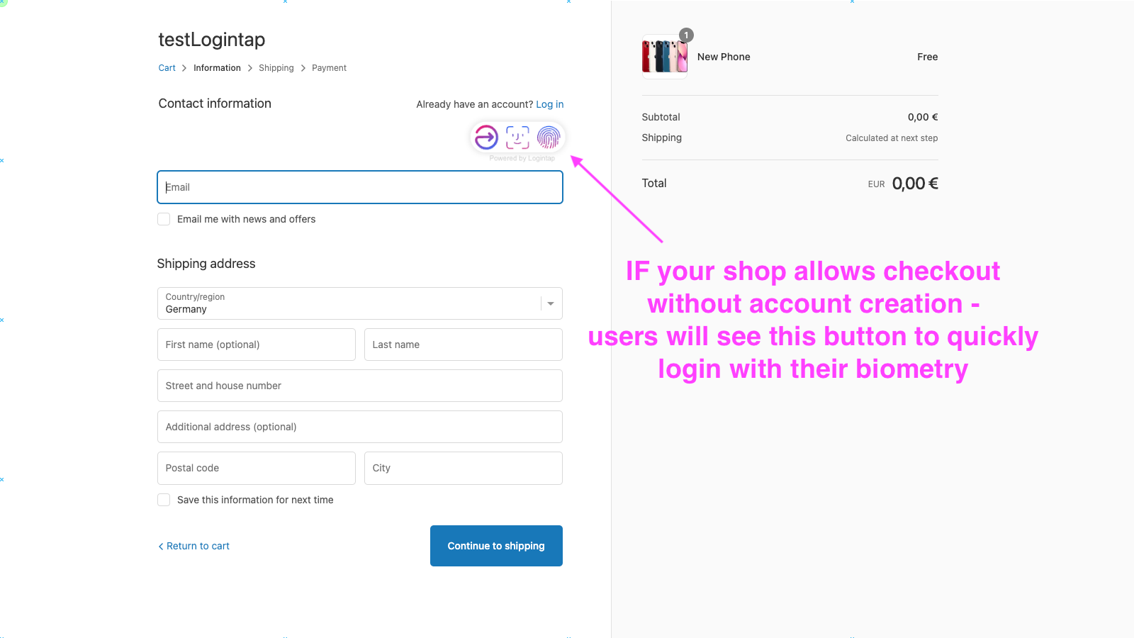 Din checkout side er opdateret med biometrisk login knap