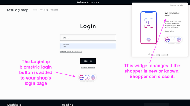 Een loginpagina van uw winkel is toegevoegd met biometrische knoppen