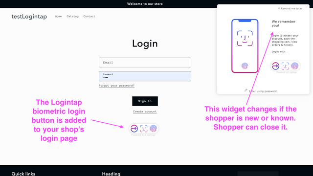 En inloggningssida för din butik läggs till med biometriska knappar