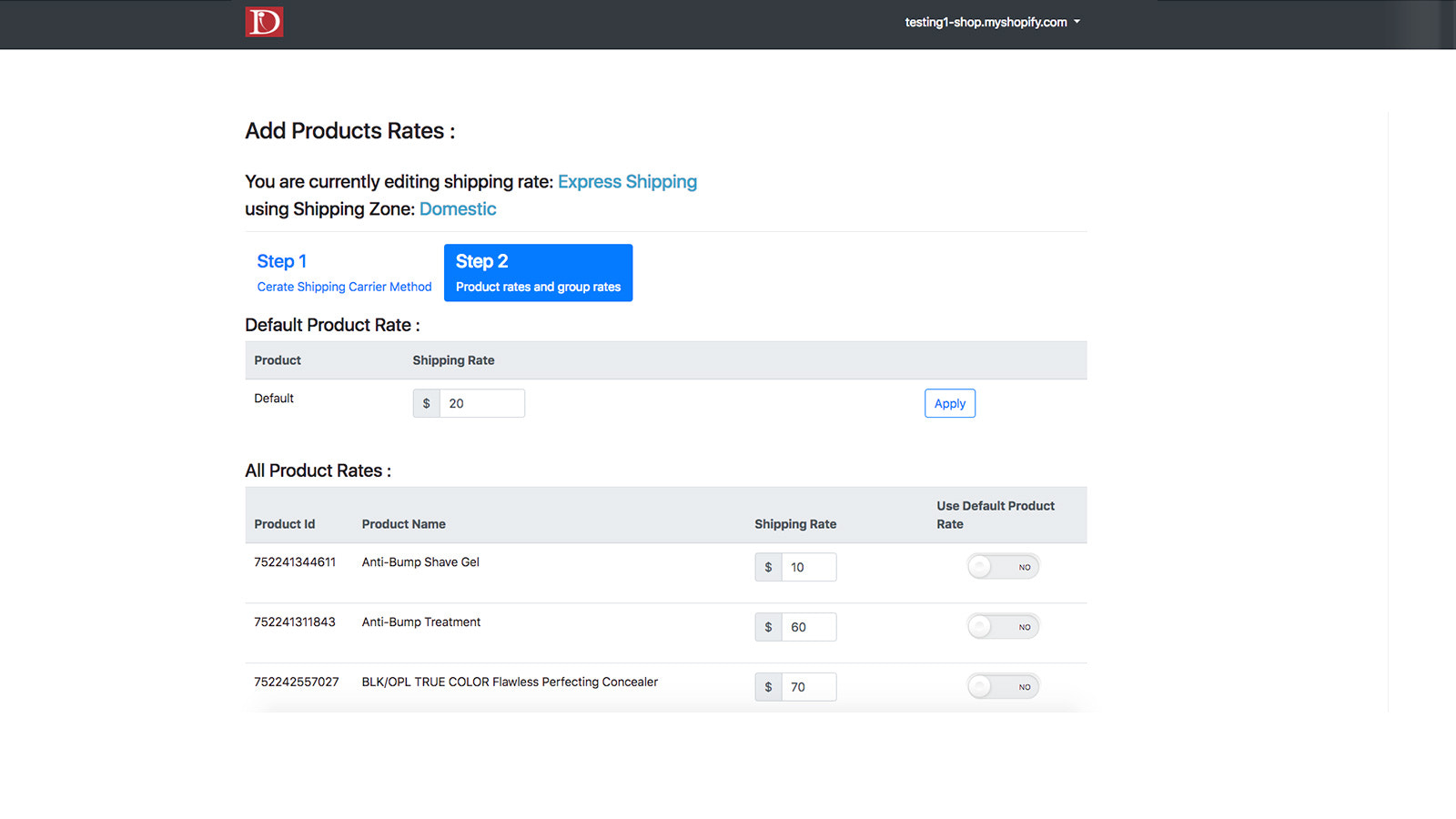 Products based shipping rate option configuration.