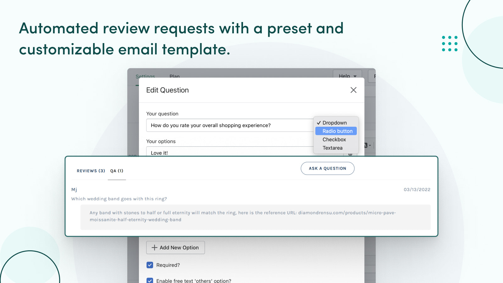 Automate review requests with customizable email presets.