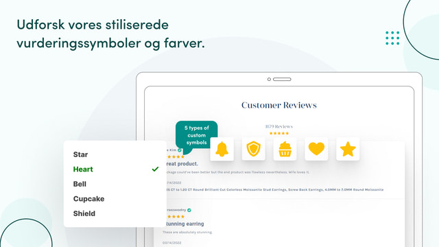 Flere stiliserede symboler og farver til bedømmelser.