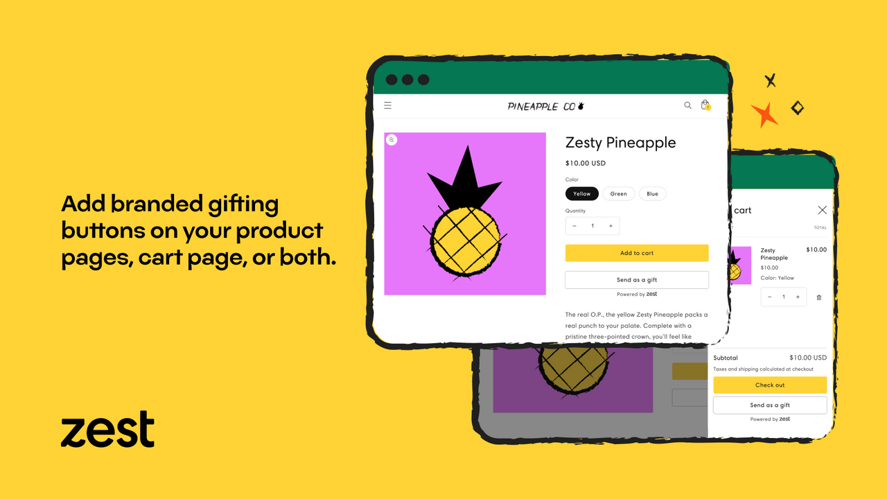 Add branded gifting buttons on your product and cart pages.