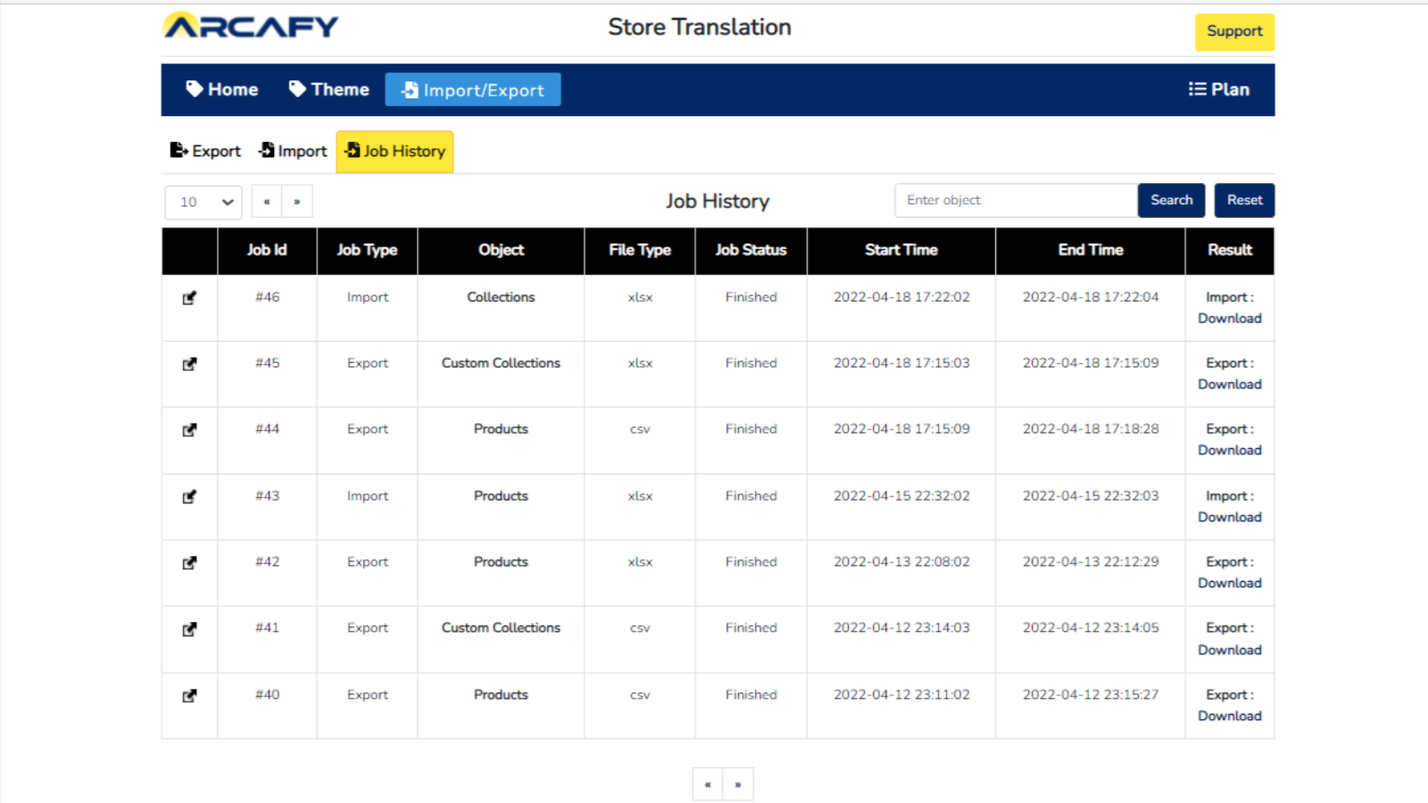 Historique d'exportation / importation