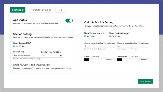 Painel de configurações do aplicativo