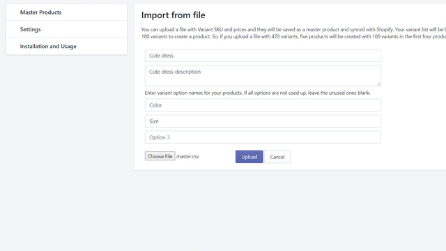 Importa el producto maestro con más de 100 SKUs desde un archivo CSV