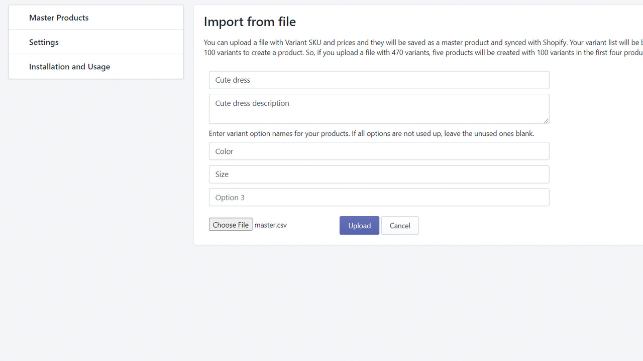 Import master product with 100+ SKUs from a CSV file