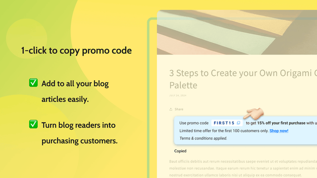 Shopify blog CTA clic para copiar y pegar upsell código promocional descuento