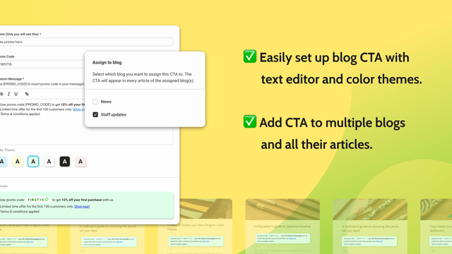 Shopify blog CTA bulk edit batch insert promo code discount 