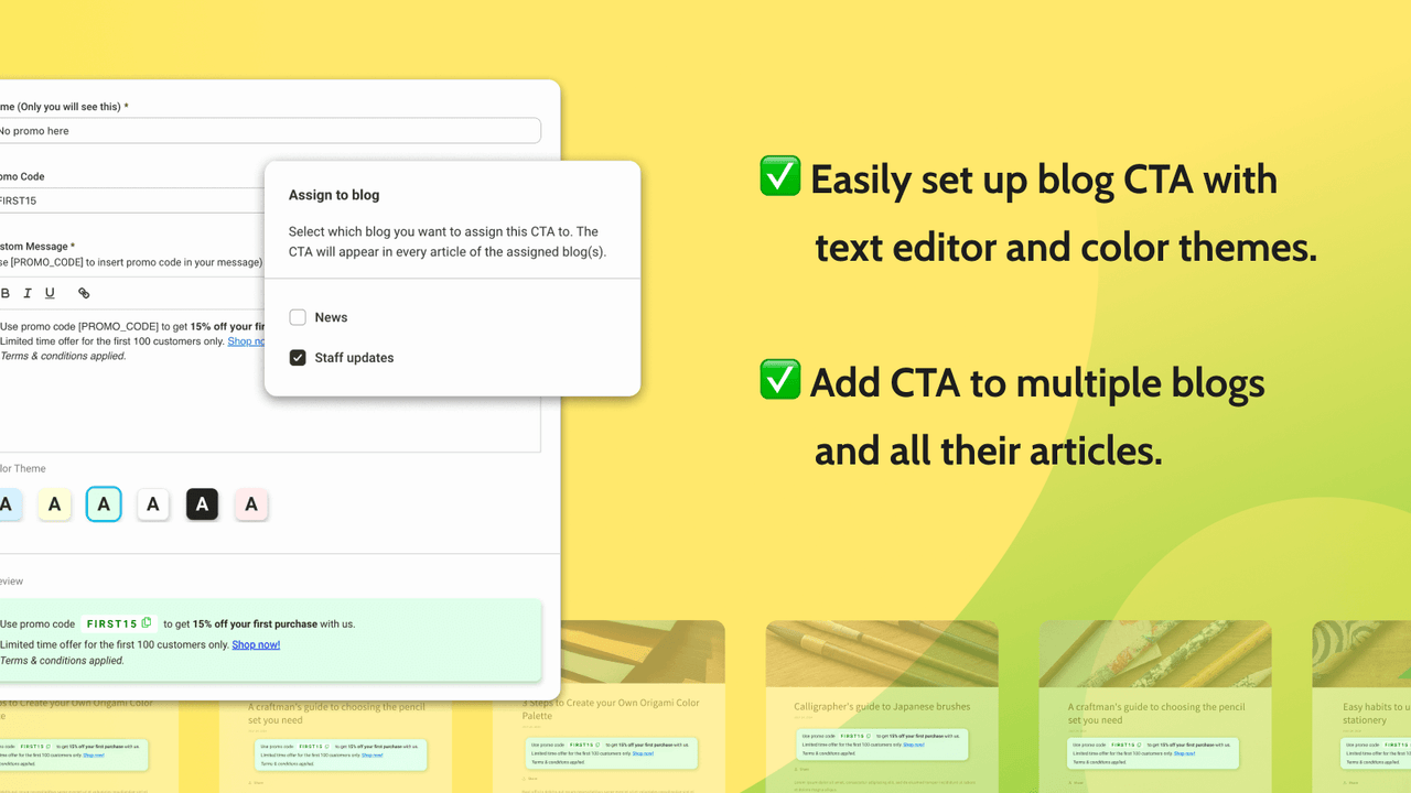 Shopify blog CTA edición en masa inserción por lotes descuento de código promocional