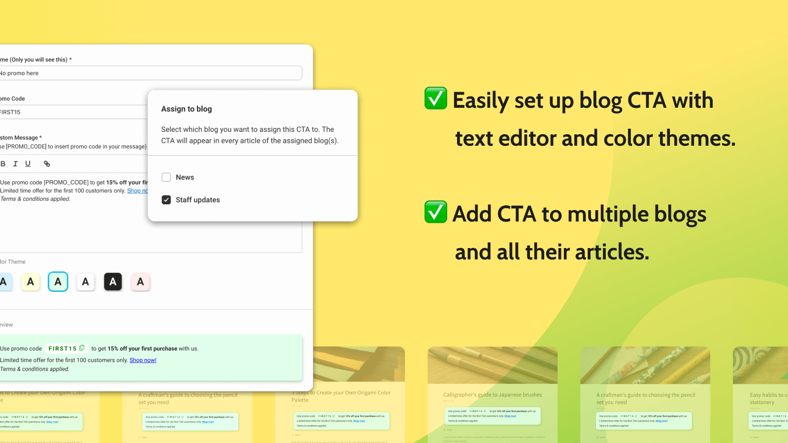 Shopify blog CTA edição em massa inserção em lote desconto de código promocional