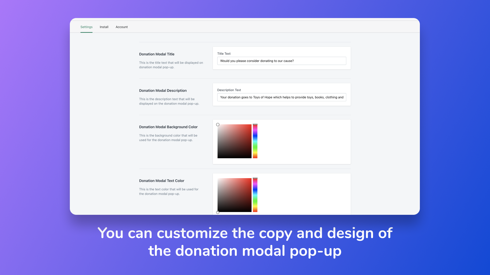 Paramètres de design du modal de l'application Donation Pop