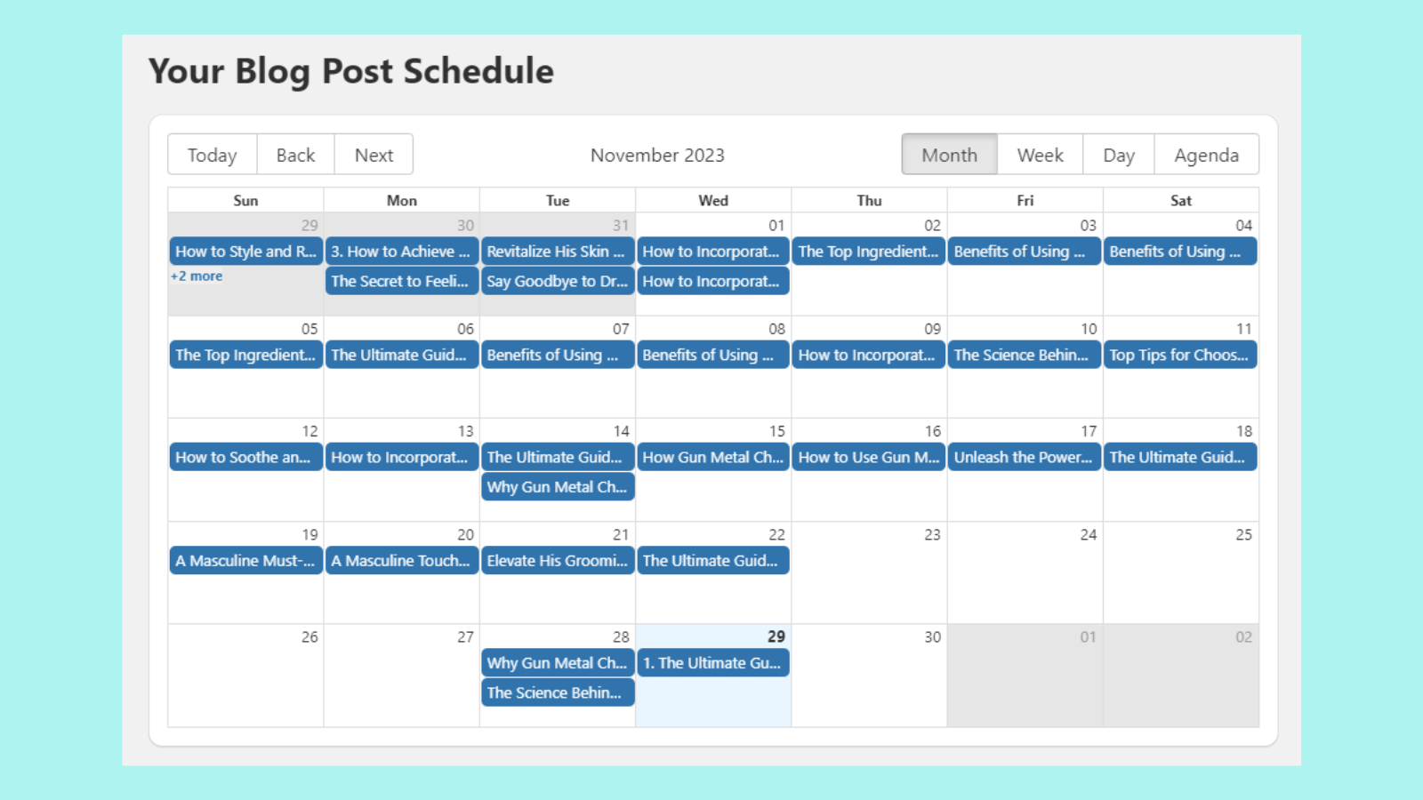 A visualização do calendário mostra o que você escreveu e o que está por vir.