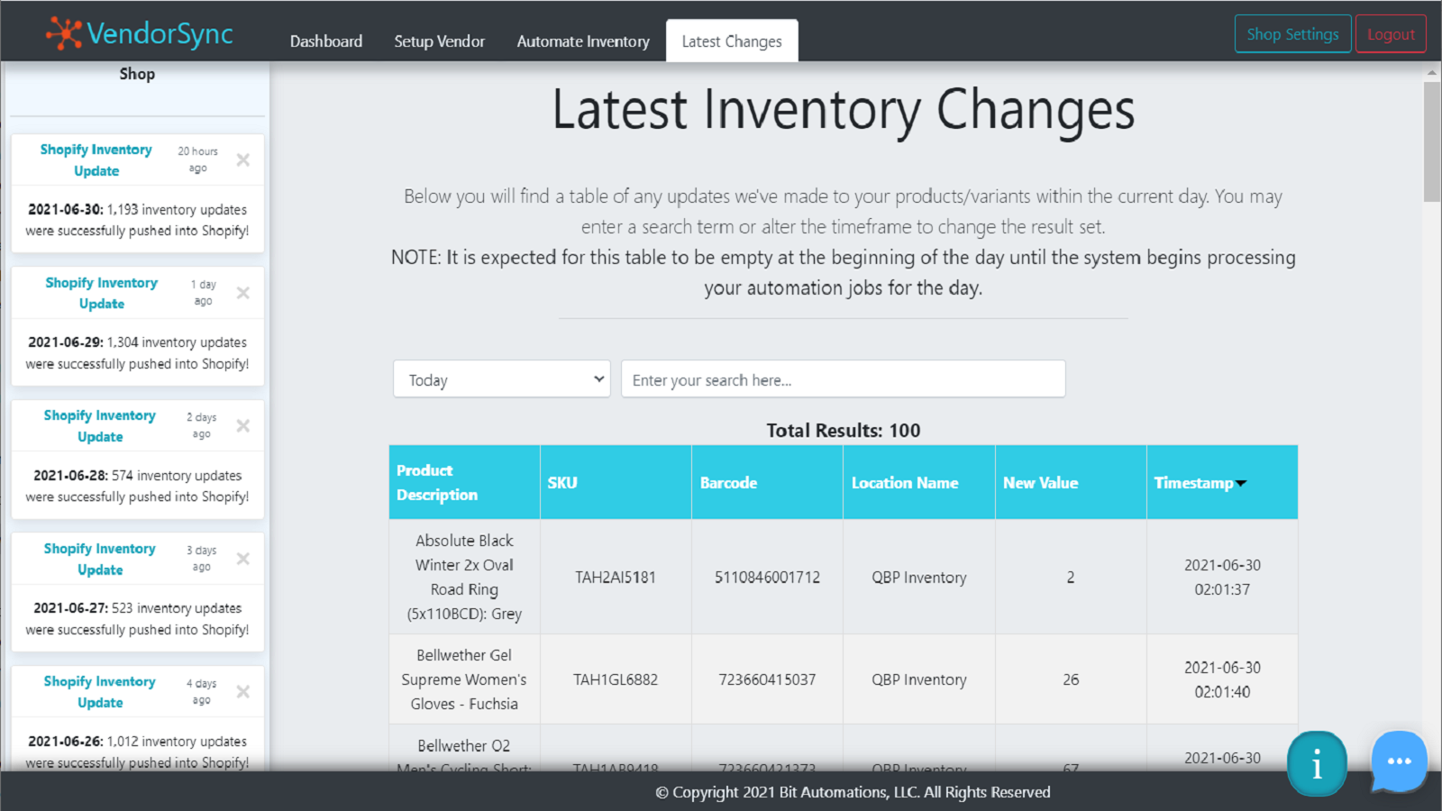 Explore a table of all updates performed on your store every day