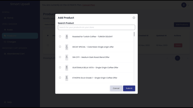 listagem de produtos do smart upsell