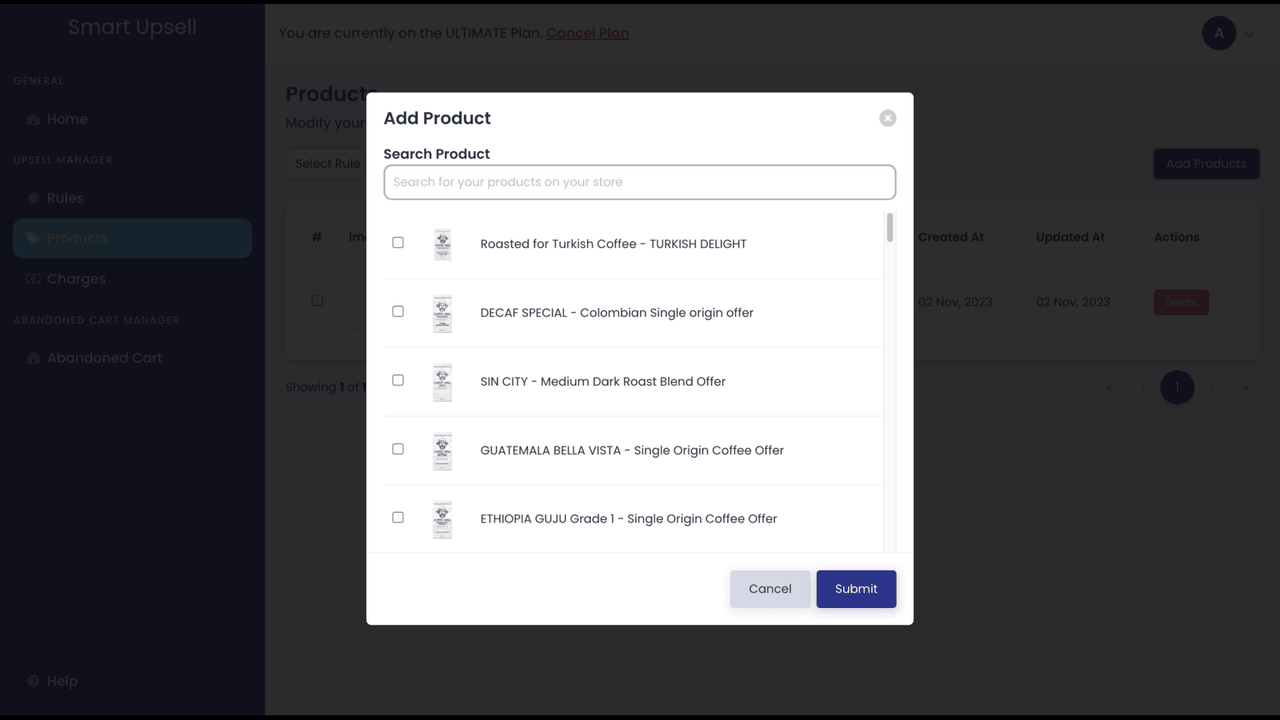 listado de productos de smart upsell