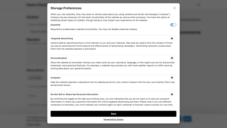 Osano Cookie Consent Screenshot