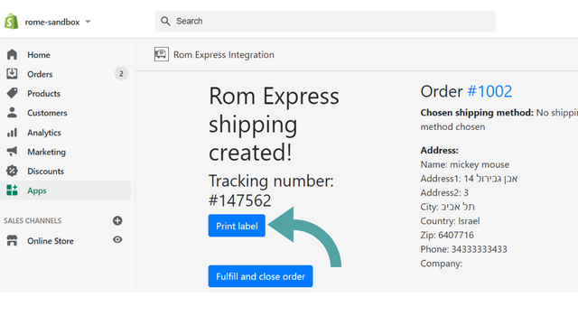 Imprima a etiqueta do Shopify para remessas da Rom Express