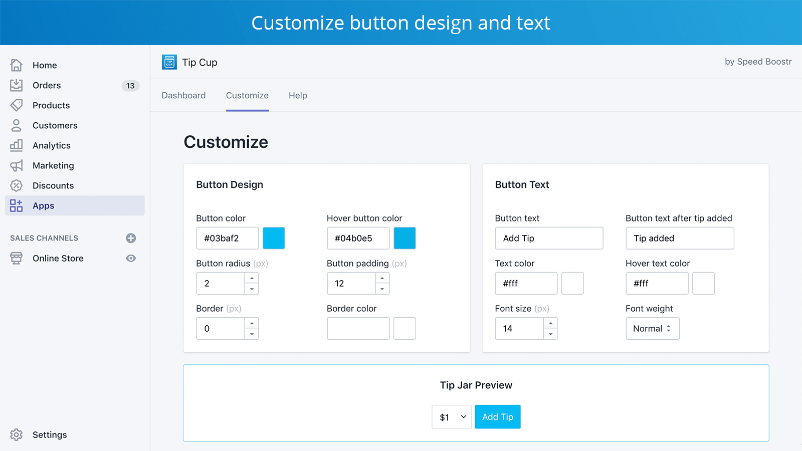 Personalize o design do botão de gorjeta