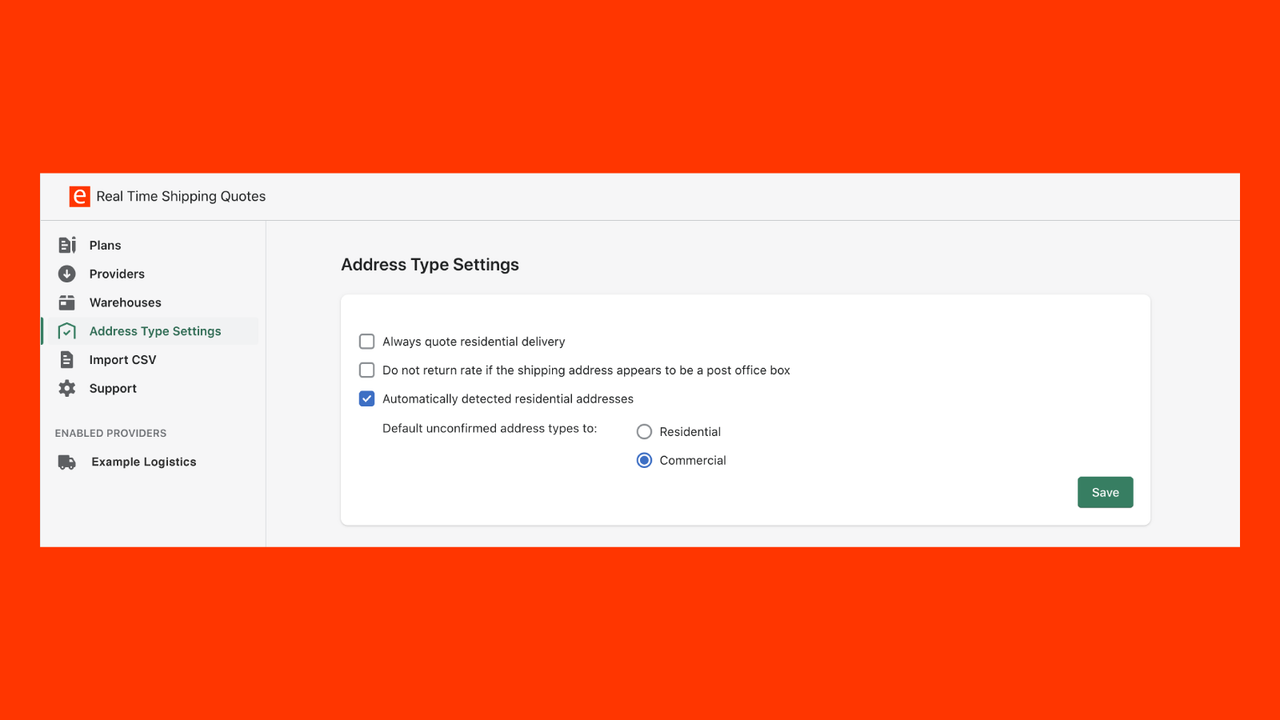 Realtidsfragtpriser for Shopify Address Type Settings