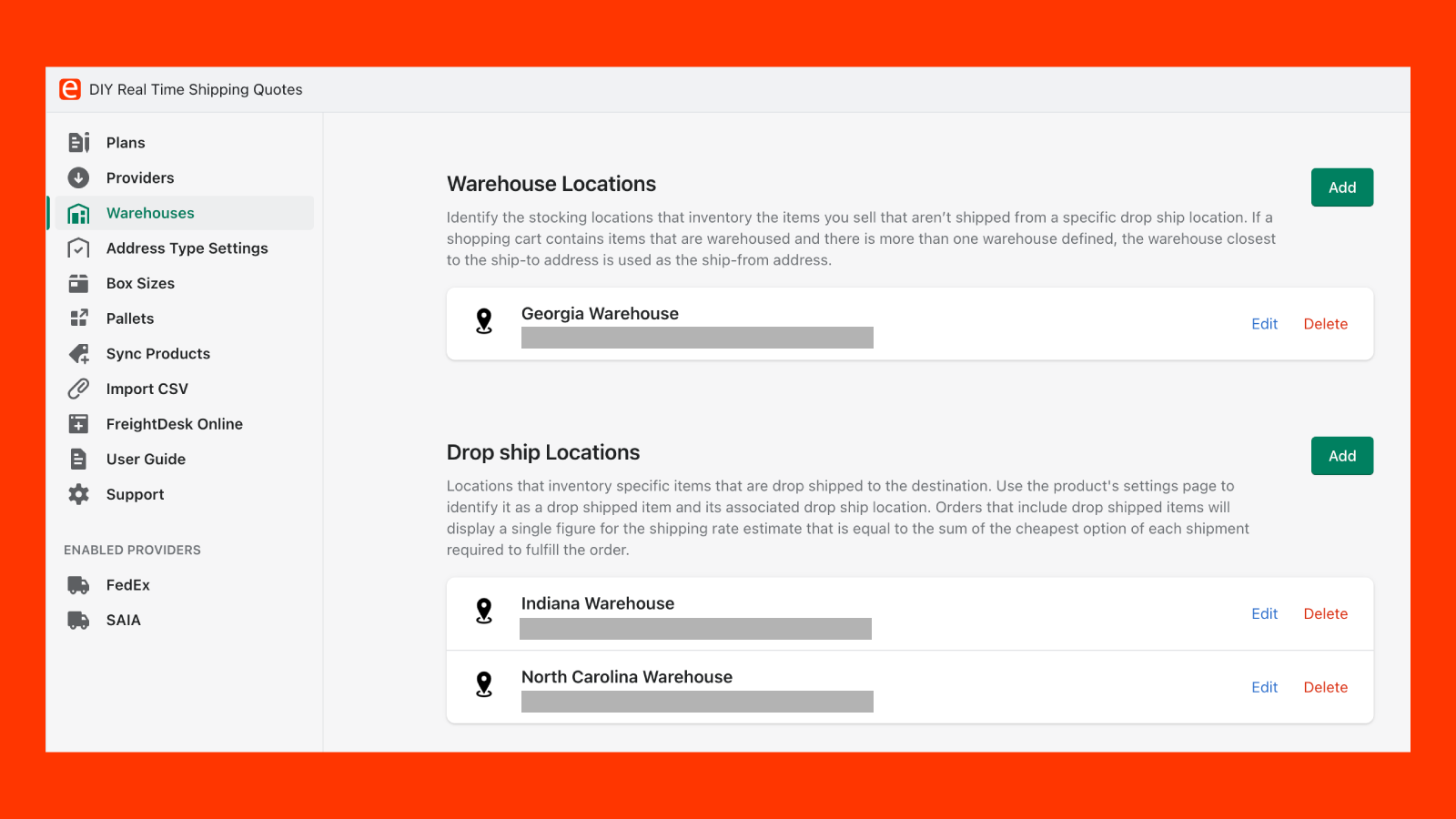 Realtidsfragtpriser for Shopify Warehouse Settings