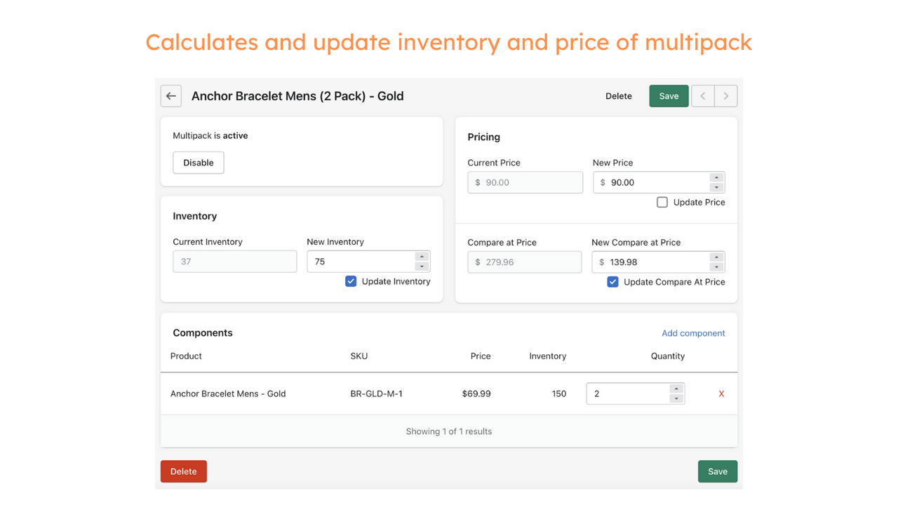 Calculates and update inventory and price of multipack