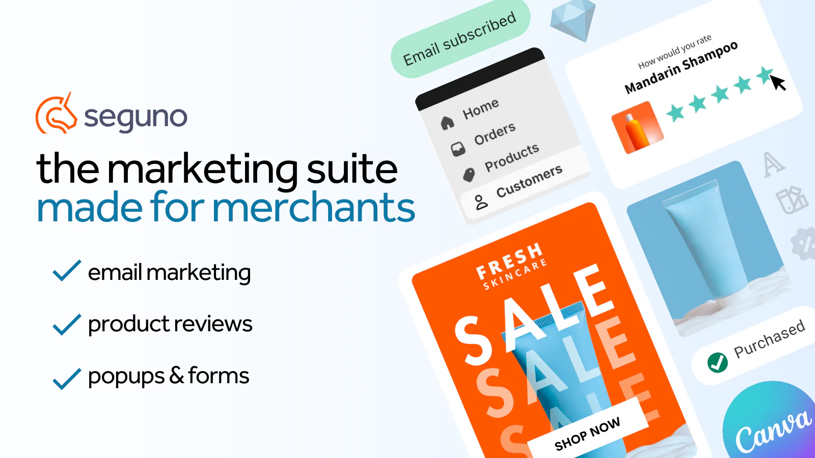 Suite Marketing Seguno : email marketing, avis produits, popups