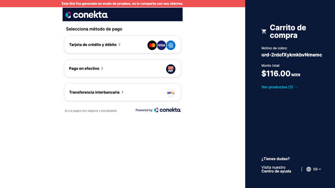 Vista de la redirección al checkout Conekta