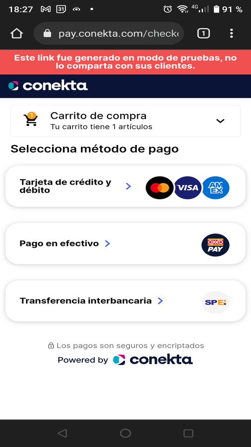 Vista de la redirección al checkout Conekta en dispositivo móvil