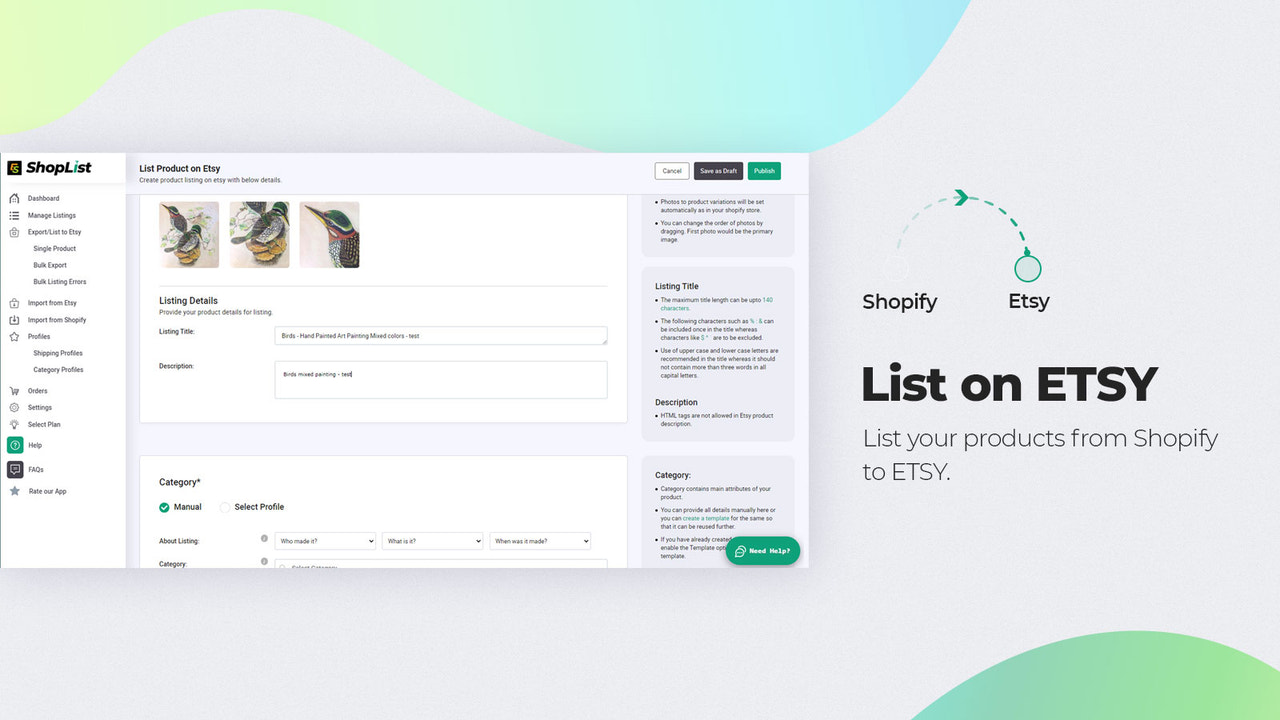 Liste produkter fra Shopify til ETSY - Etsy upload