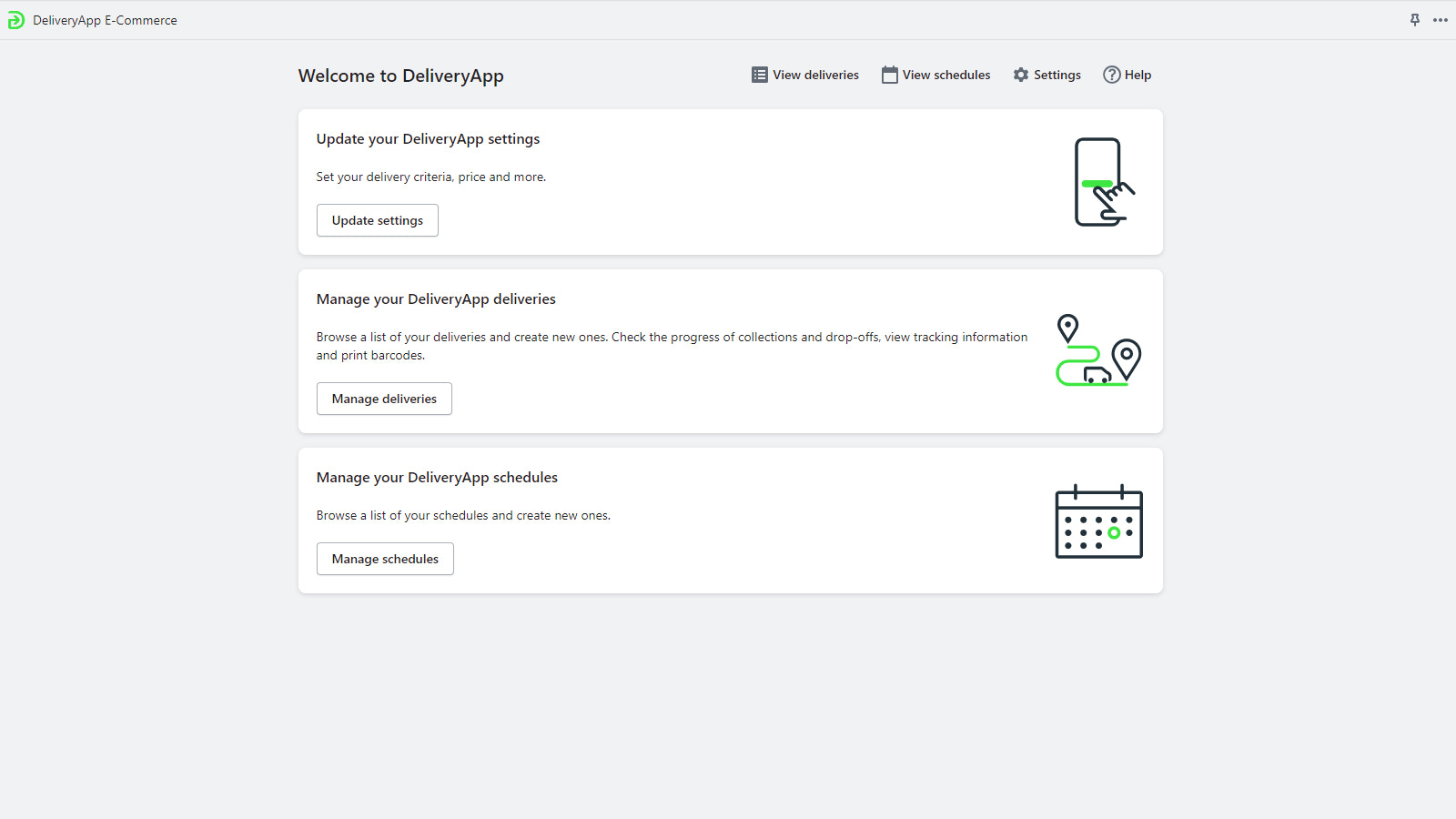 Todas las características de DeliveryApp accesibles desde la página de inicio de la aplicación